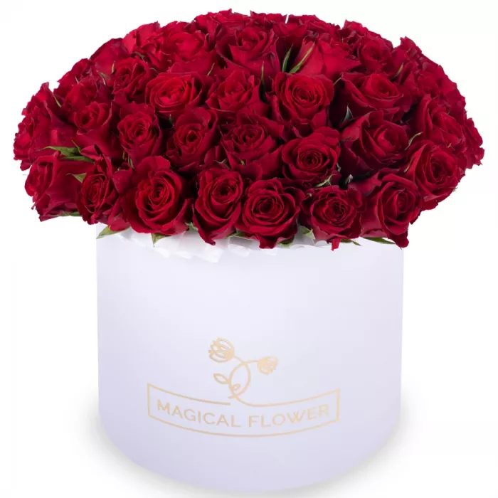 51 красная роза в белой шляпной коробке