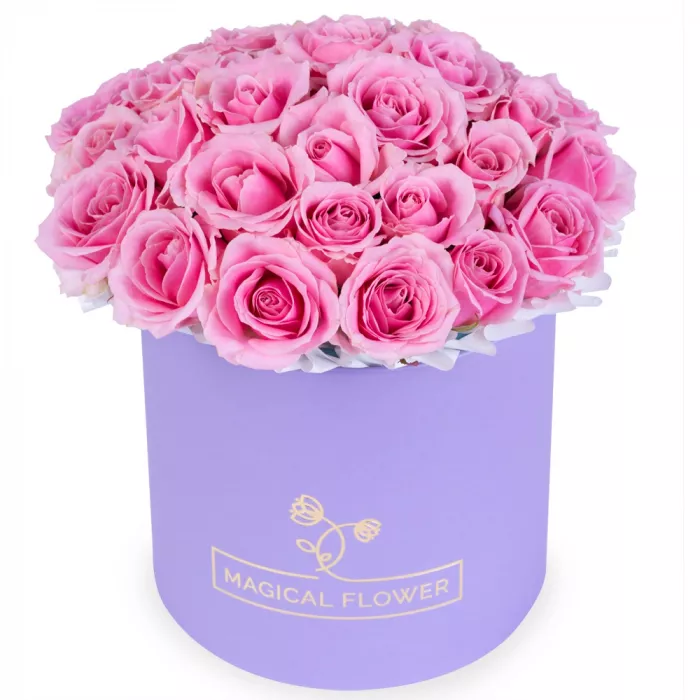 25 розовых роз premium в фиолетовой шляпной коробке
