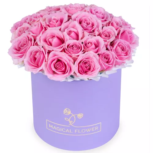 25 розовых роз premium в фиолетовой шляпной коробке