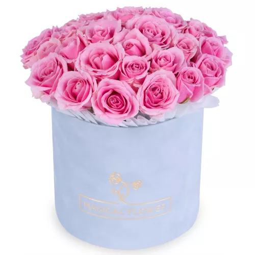25 розовых роз premium в серой бархатной шляпной коробке