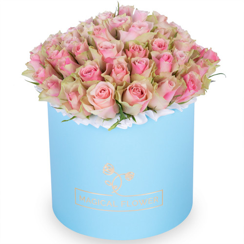 Букет из 75 бело-розовых роз в голубой шляпной коробке