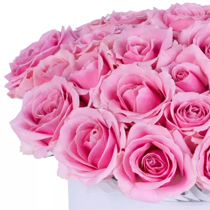 Букет из 25 розовых роз premium в белой шляпной коробке