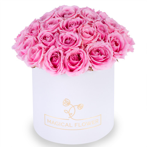 Букет из 35 розовых роз premium в кремовой шляпной коробке