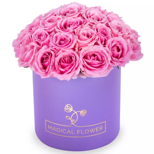 Большой букет из 35 розовых роз premium в фиолетовой шляпной коробке