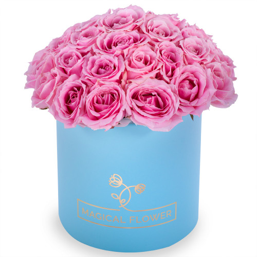 Букет из 35 розовых роз premium в голубой шляпной коробке