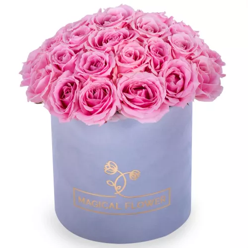 Букет из 35 розовых роз premium в серой бархатной шляпной коробке