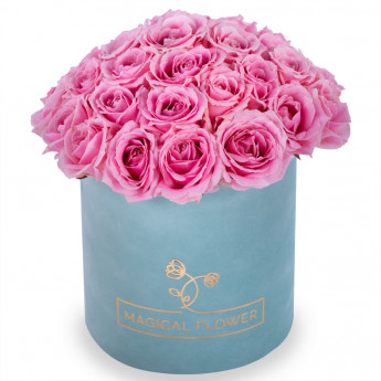 Букет из 35 розовых роз premium в зеленой бархатной шляпной коробке