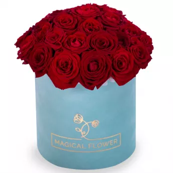 Букет из 35 красных роз premium в зеленой бархатной шляпной коробке