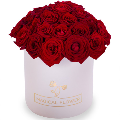 Букет из 35 красных роз premium в кремовой шляпной коробке