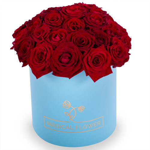 Букет из 35 красных роз premium в голубой шляпной коробке