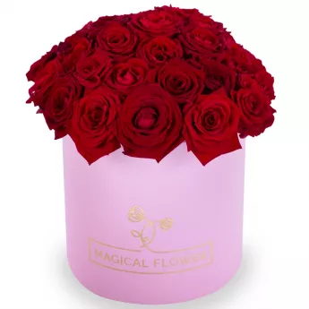 Букет из 35 красных роз premium в розовой шляпной коробке