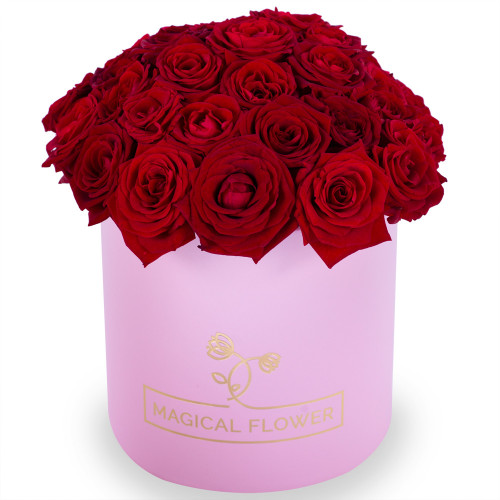 Букет из 35 красных роз premium в розовой шляпной коробке