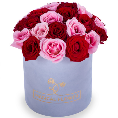 Букет из 35 разноцветных роз premium в серой бархатной шляпной коробке