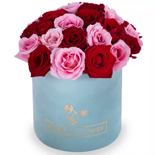 Букет из 35 разноцветных роз premium в зеленой бархатной шляпной коробке