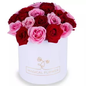 Букет из 35 разноцветных роз premium в белой шляпной коробке