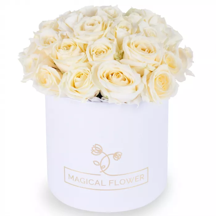 Букет из 35 белых роз premium в кремовой шляпной коробке