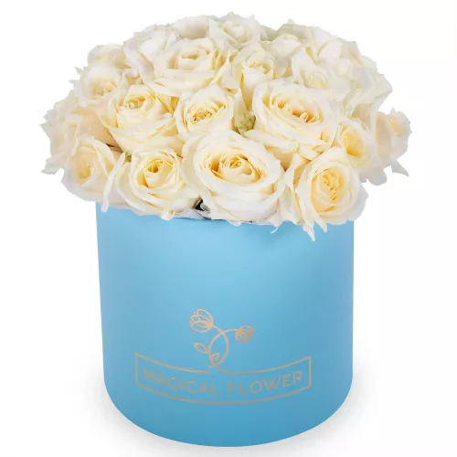Букет из 35 белых роз premium в голубой шляпной коробке
