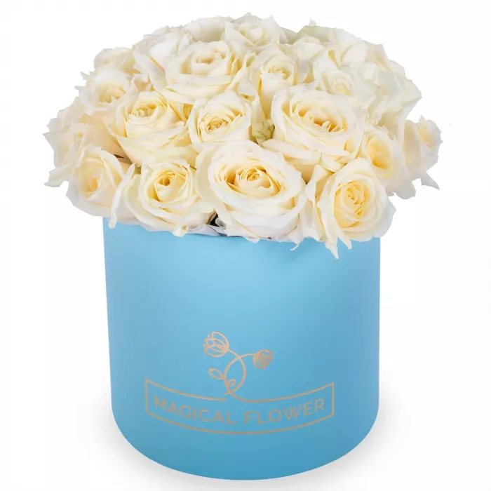 Букет из 35 белых роз premium в голубой шляпной коробке