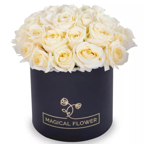 Букет из 35 белых роз premium в черной шляпной коробке