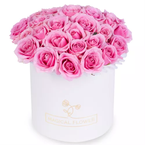 25 розовых роз premium в кремовой шляпной коробке