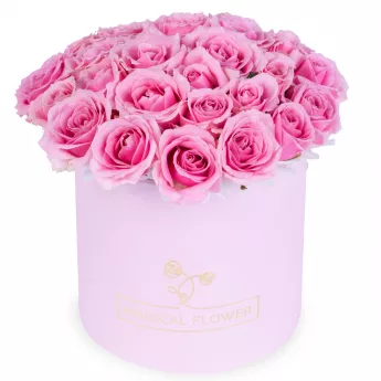 Букет из 25 розовых роз premium в розовой шляпной коробке
