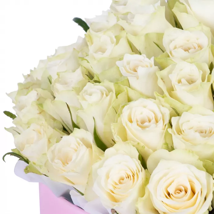 Букет из 75 белых роз в розовой шляпной коробке