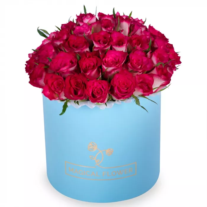 Букет из 51 бело-малиновой розы в голубой шляпной коробке