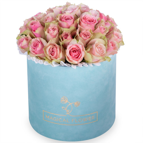 Букет из 25 бело-розовых роз в зеленой бархатной шляпной коробке