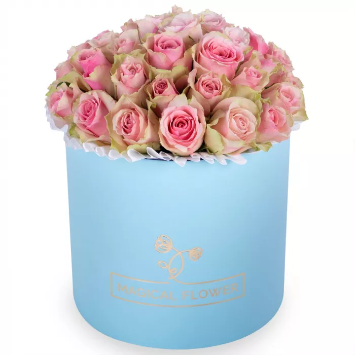 Букет из 25 бело-розовых роз в голубой шляпной коробке