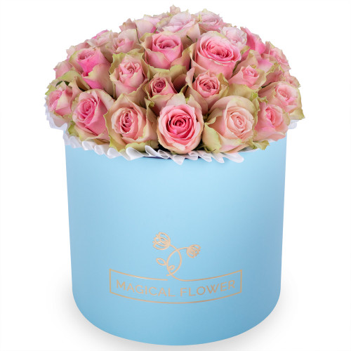 Букет из 25 бело-розовых роз в голубой шляпной коробке