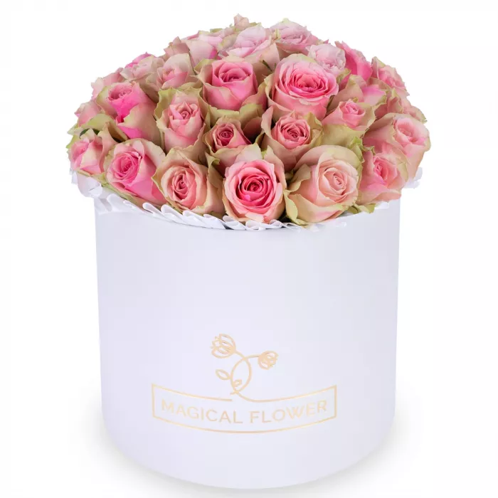 Букет из 25 бело-розовых роз в белой шляпной коробке