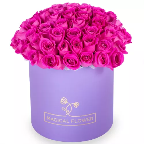 Букет из 75 розовых роз в фиолетовой шляпной коробке
