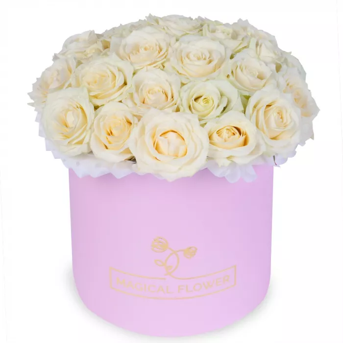 25 белых роз premium в розовой шляпной коробке