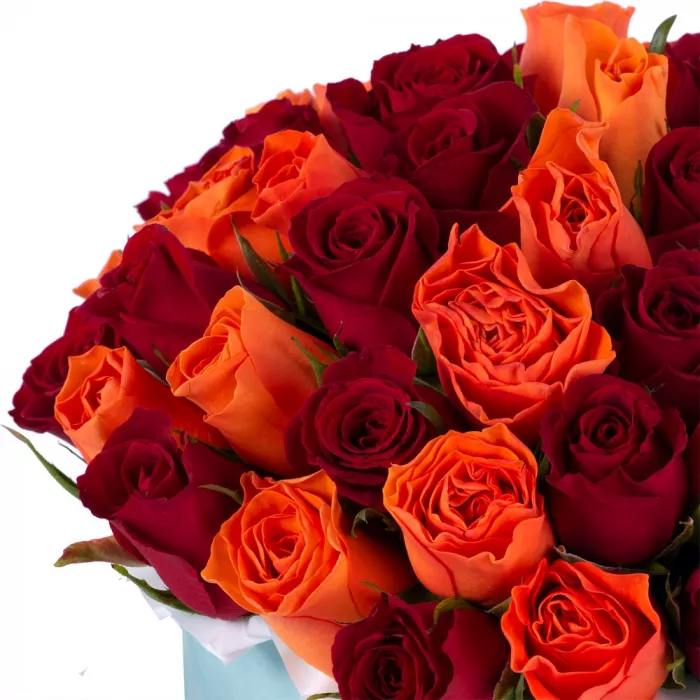 51 разноцветная роза в зеленой бархатной шляпной коробке