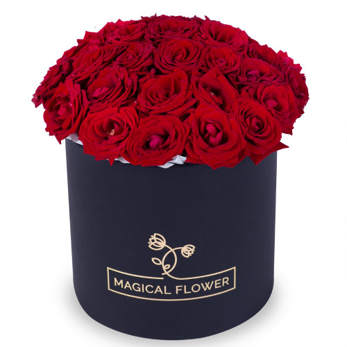 25 красных роз premium в черной шляпной коробке