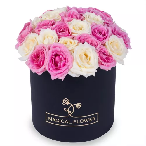 25 разноцветных роз premium в черной шляпной коробке