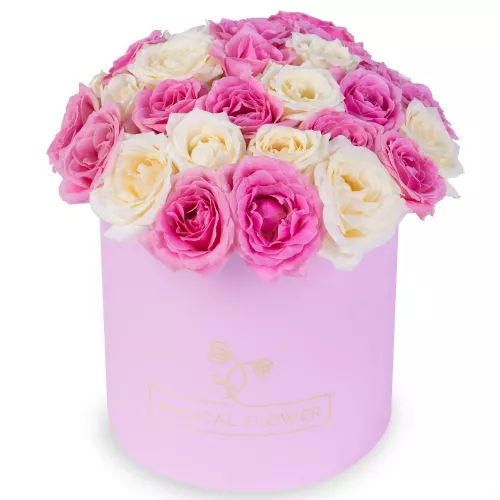 Нежный букет 25 разноцветных роз premium в розовой шляпной коробке