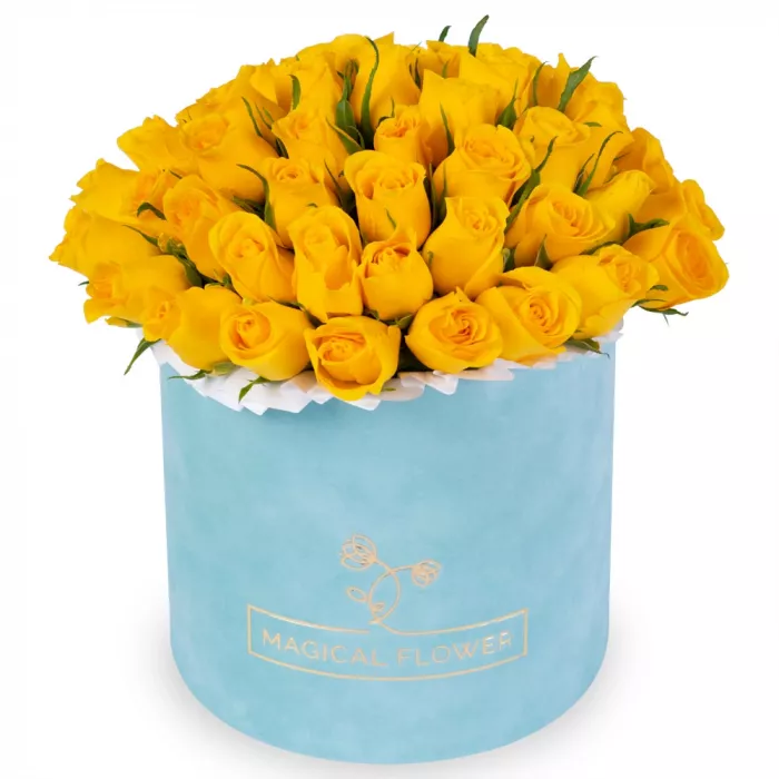51 желтая роза в бархатной шляпной коробке 51 желтая роза в бархатной шляпной коробке