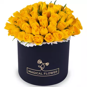 51 желтая роза в черной шляпной коробке