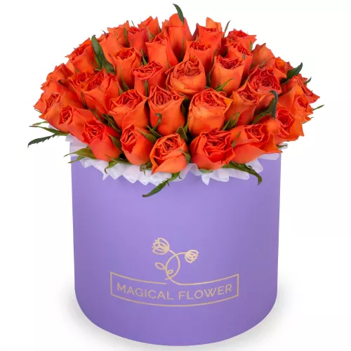 51 оранжевая роза в фиолетовой шляпной коробке на выписку из роддома