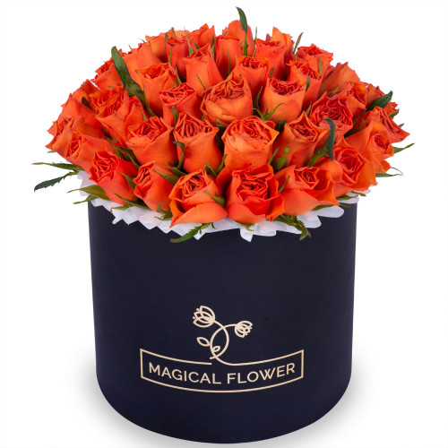 51 оранжевая роза в черной шляпной коробке