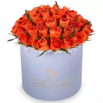 51 оранжевая роза в серой бархатной шляпной коробке