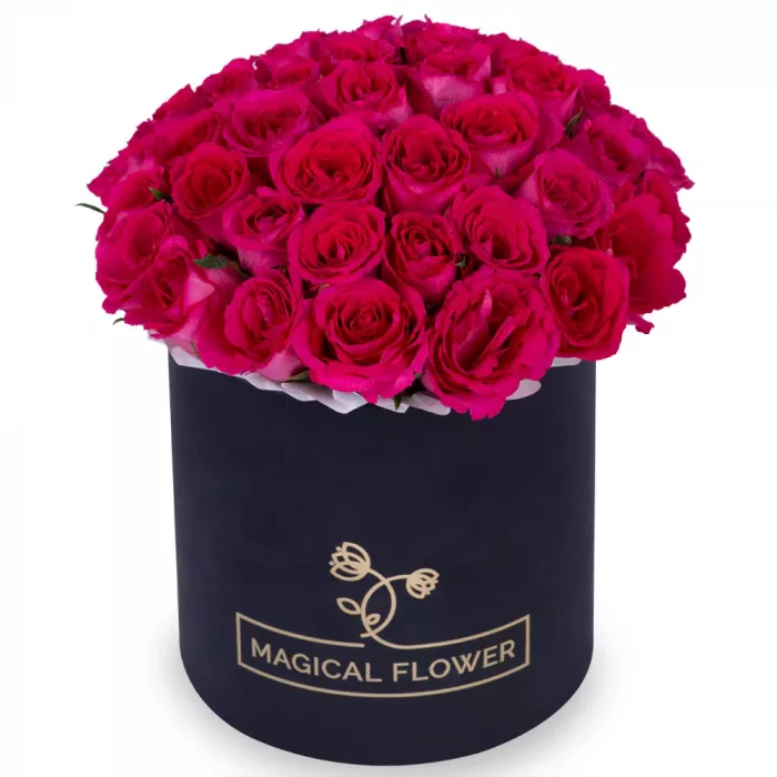 51 малиновая роза в черной шляпной коробке
