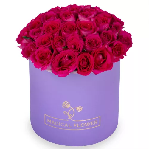 51 малиновая роза в фиолетовой шляпной коробке