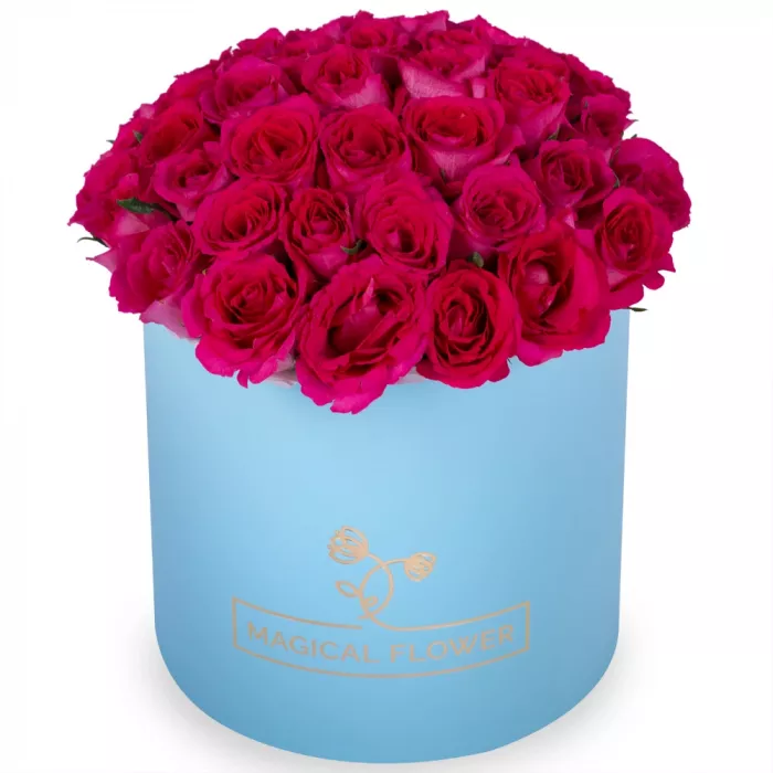 51 малиновая роза в голубой шляпной коробке
