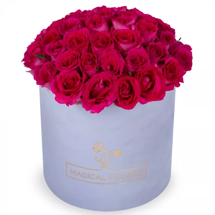 51 малиновая роза в серой бархатной шляпной коробке