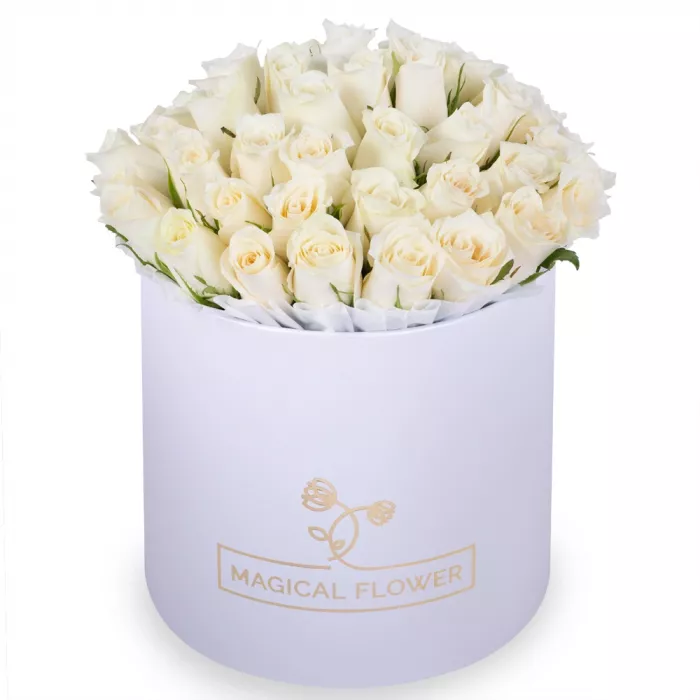 51 белая роза в кремовой шляпной коробке