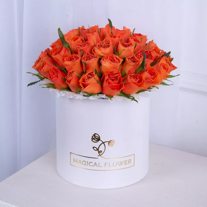 51 оранжевая роза в белой шляпной коробке