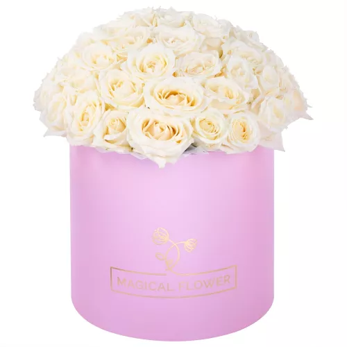 Букет из 51 белой розы premium в розовой шляпной коробке