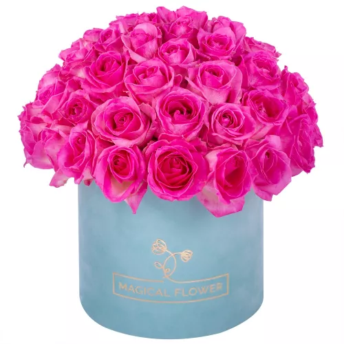 Букет из 51 малиновой розы premium в бархатной шляпной коробке